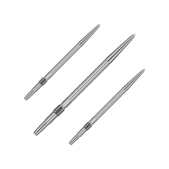 Das Bild zeigt drei silberne Dartspitzen des Produkts „Target Swiss Point GRD Silver Dartspitzen“. Die Spitzen sind länglich, metallisch und haben eine geriffelte Oberfläche für besseren Halt.