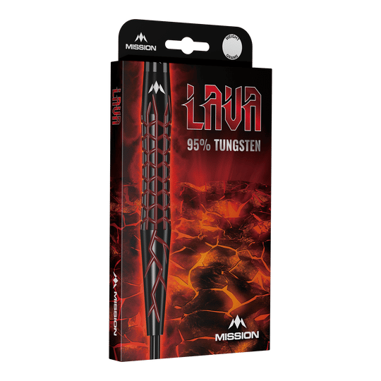 Mission Lava Steeldarts Die Abbildung zeigt die Verpackung der Mission Lava Steeldarts. Auf der Schachtel steht "Lava 95% Tungsten" vor einem feurigen Lava-Hintergrund.