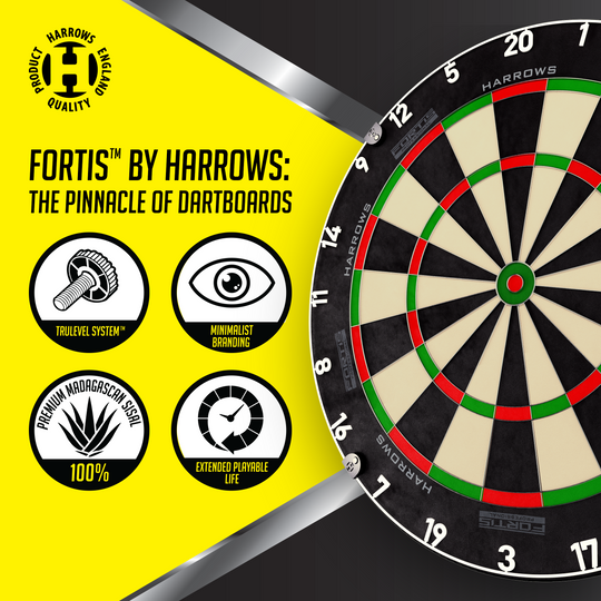Harrows Fortis Steeldartboard Das Foto zeigt ein Harrows Fortis Steeldartboard. Es ist für professionelle Dartspieler geeignet.
