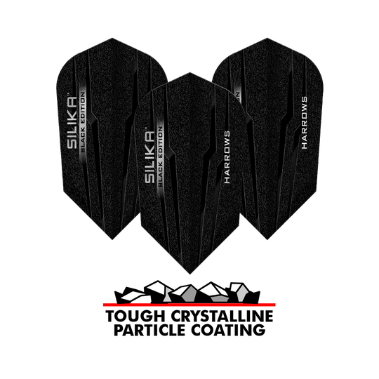 Harrows Silika Black-Edition Slim Flights Auf dem Bild sind die Harrows Silika Black-Edition Slim Flights zu sehen. Unten steht der Text „TOUGH CRYSTALLINE PARTICLE COATING“ mit einer Grafik von Kristallen darüber.