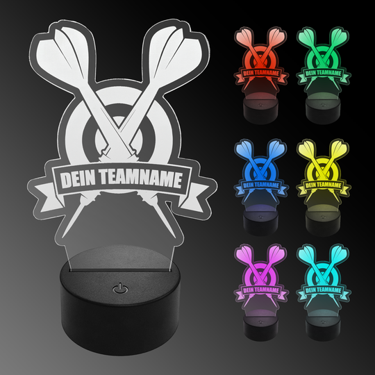 Das Bild zeigt eine LED-Lampe in Form von zwei gekreuzten Dartpfeilen mit der Aufschrift "Dein Teamname". Rechts daneben sind die Lampe in sechs verschiedenen Farben (Rot, Grün, Blau, Gelb, Pink und Türkis) abgebildet.