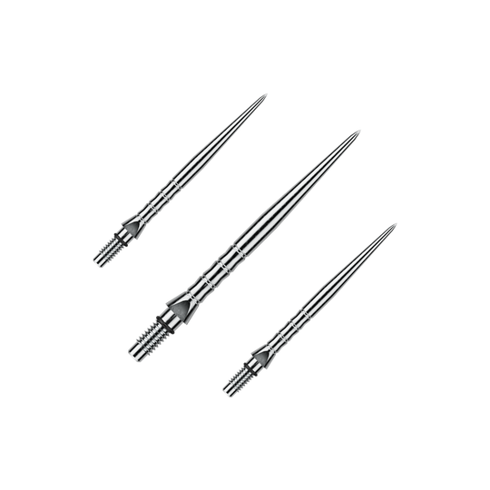 Winmau Switch Point Wave Steeldartspitzen - Silver Effect Abgebildet ist das Produkt Winmau_Switch_Point_Wave_Silver_Effect_Steeldartspitzen_30mm_1Set. Das Bild enthält vermutlich ein Set silberner Steeldartspitzen mit Wave-Effekt, 30 mm lang.