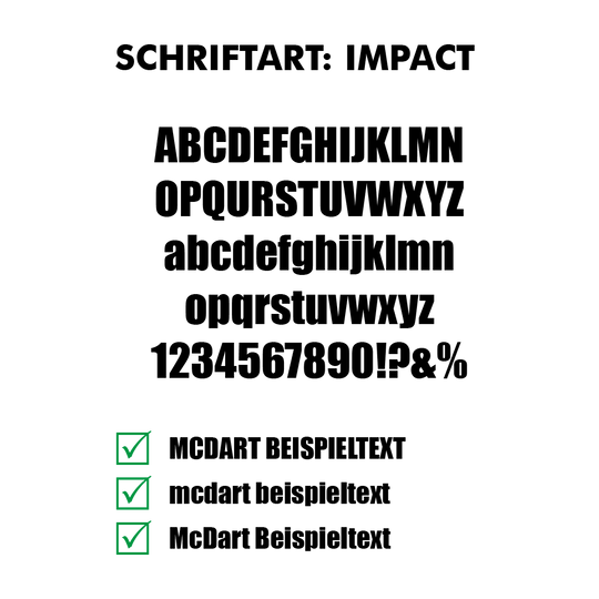 Flightdruck_Schriftart_Impact Oben steht der Titel „Schriftart Impact“ und darunter befindet sich ein großer, fett gedruckter Text mit dem Wort „FLIGHTDRUCK“. Unten werden drei grüne Häkchen neben den Stichpunkten „Fett“, „Klar“ und „Effektiv“ angezeigt.