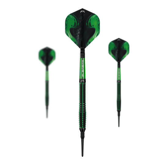 Mission Venom Softdarts - 20g Das Bild zeigt drei grüne Mission Venom Softdarts mit schwarzen Akzenten. Die Darts haben ein Gewicht von 20 Gramm und ein auffälliges Schlangenmuster auf den Flights.