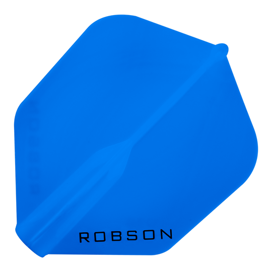 Das Bild zeigt ein blaues Dartflight mit der Aufschrift "ROBSON" am unteren Rand. Das Flight hat eine abgerundete, fast quadratische Form.