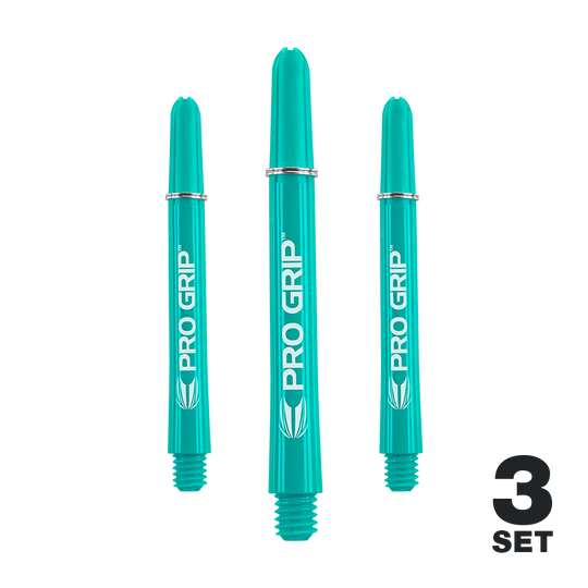 Das Bild zeigt drei aqua-blaue Pro Grip Shafts für Darts, die nebeneinander stehen. In der unteren rechten Ecke steht "3 SET".