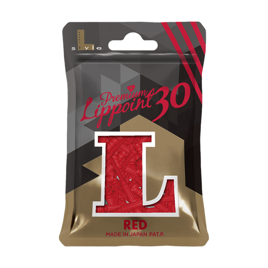 Die Abbildung zeigt eine Packung mit 30 roten Softdartspitzen der Marke L-Style. Auf der Verpackung steht "Premium Lippoint 30" und "RED Made in Japan".