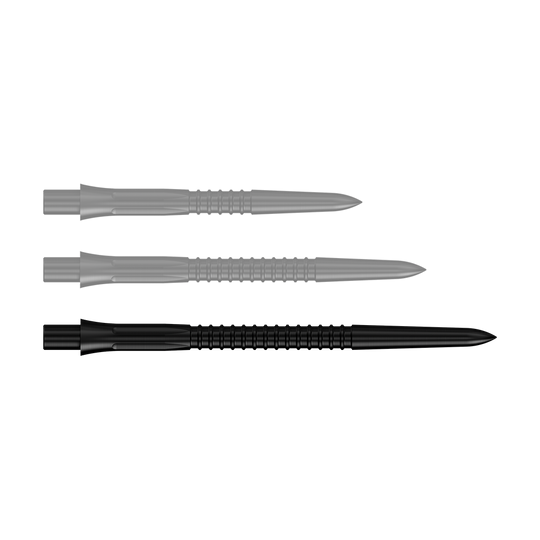 Abgebildet ist eine einzelne schwarze Steeldartspitze in 38mm Länge. Das Produkt stammt aus der Serie Mission Caliburn EVO GV1.
