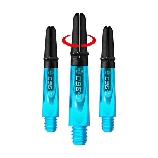 HR443_Harrows_Carbon_360_Shafts_Aqua_35mm_1-_Symbol Das Bild zeigt drei Aqua-farbene Harrows Carbon 360 Shafts für Darts. In der Mitte gibt ein roter Pfeil einen drehbaren Mechanismus an.