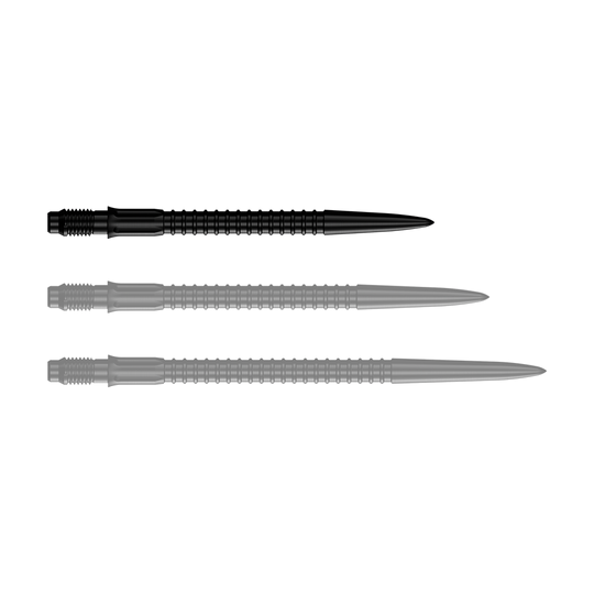 Auf dem Bild sind schwarze Dartspitzen dargestellt. Diese Dartspitzen sind 30 mm lang.