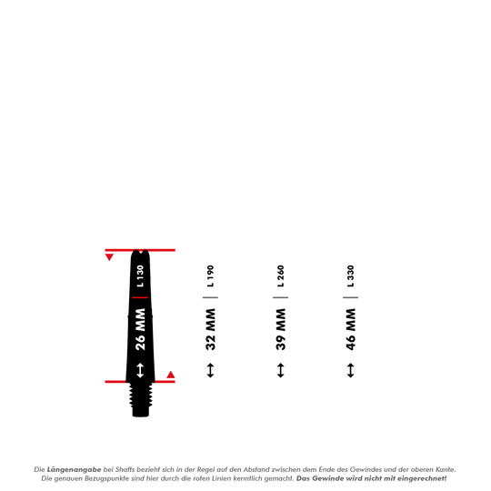 Das Bild zeigt vier verschiedene Längen von Dartshafts mit den Abmessungen 26 mm, 32 mm, 39 mm und 46 mm. Die rote Linie markiert, dass die Längenangabe ohne das Gewinde gemessen wird.
