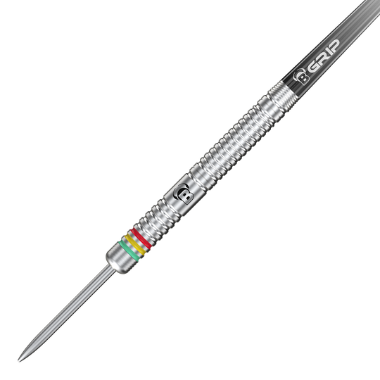 Bulls Martijn Dragt Steeldarts - 24g Das Bild zeigt einen silbernen Steeldart mit Rillen und bunten Ringen nahe der Spitze. Auf dem Dart steht "B GRIP" und es handelt sich um das Modell "Bulls Martijn Dragt Steeldarts - 24g".