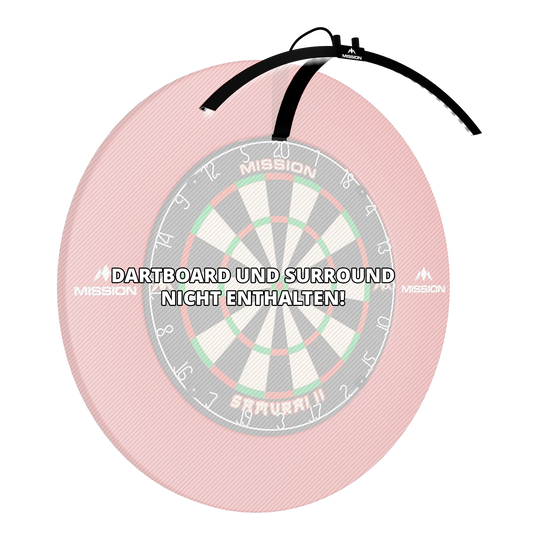 Mission Torus 100 Faltbare LED Dartboard Beleuchtung Das Bild zeigt die faltbare LED Dartboard Beleuchtung "Mission Torus 100", die über einem Dartboard platziert ist. Ein Hinweis weist darauf hin, dass das Dartboard und das Surround nicht enthalten sind.