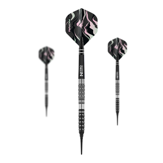 Red Dragon Paradym Tapered Softdarts - 20g Das Bild zeigt drei Red Dragon Paradym Tapered Softdarts mit einem Gewicht von 20g. Die Flügel der Darts haben ein auffälliges schwarzes, pinkes und weißes Muster.