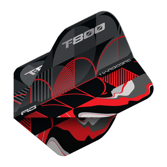Red Dragon Hardcore T-800 No2 Standard Flights Das Bild zeigt das Produkt "Red Dragon Hardcore T-800 No2 Standard Flights". Die Flights sind schwarz, rot und grau gemustert und tragen die Aufschrift "T-800" und "Hardcore".