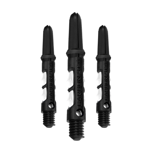 Das Bild zeigt drei schwarze und weiße Dartshafts des Modells "Harrows Carbon ST Shafts - Weiß". Auf den Shafts steht der Schriftzug "CARBON ST".