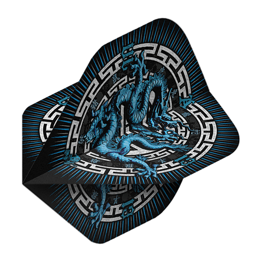 Alchemy Year Of The Dragon No2 Standard Flights Dieses Bild zeigt die "Alchemy Year Of The Dragon No2 Standard Flights". Auf den Flights ist ein blauer Drache mit asiatischem Muster auf schwarzem Hintergrund abgebildet.