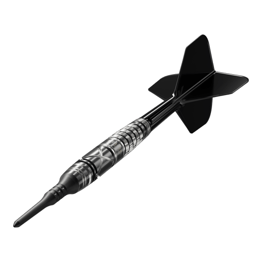 Target Japan Black Marque Chaos 2 Softdarts - 19g Das Bild zeigt einen Target Japan Black Marque Chaos 2 Softdart mit einem Gewicht von 19 Gramm. Der Dartpfeil ist schwarz-silbern gestaltet und hat ein modernes, stilvolles Design.