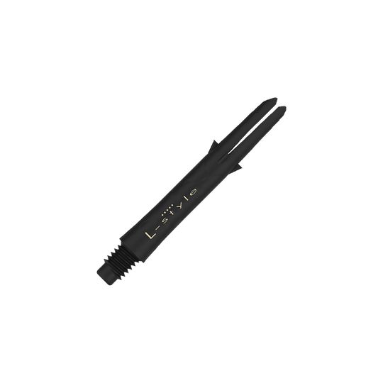 Dies ist ein schwarzer Carbon-Schaft für Darts der Marke L-Style. Der Schaft hat eine Länge von 35,5 mm und wird ohne Kappen gezeigt.