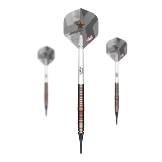 Bulls NL Max Hopp E5 Softdarts - 20g Das Bild zeigt die Bulls NL Max Hopp E5 Softdarts mit einem Gewicht von 20g. Diese Softdarts sind speziell für präzises Dartspiel entwickelt.
