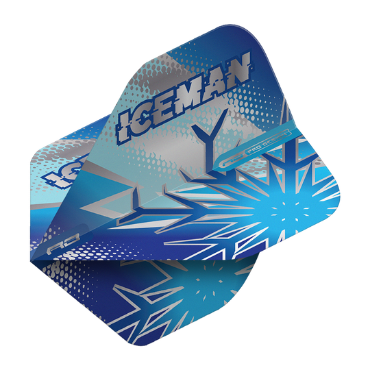 Red Dragon Gerwyn Price Blue Flake No2 Standard Flights Das Bild zeigt die Dartflights „Red Dragon Gerwyn Price Blue Flake No2 Standard Flights“ in Blau mit Eiskristall-Design. Auf den Flights steht groß das Wort „ICEMAN“.