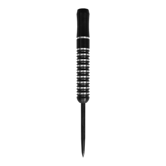 Das Bild zeigt einen McDart Void Steeldart Barrel mit einem Gewicht von 23g. Der Dart hat ein schwarz-silbernes Rillenmuster und eine spitze Metallspitze.