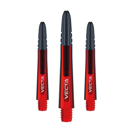 Auf dem Bild sind drei rote Dart-Schäfte mit schwarzer Spitze zu sehen. Auf den Schäften steht das Wort "VECTA" in weißer Schrift.
