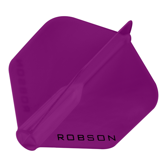 Das Bild zeigt ein violettes Dartflight mit sechseckiger Form. Auf dem Flight steht das Wort "ROBSON" in schwarzen Buchstaben.