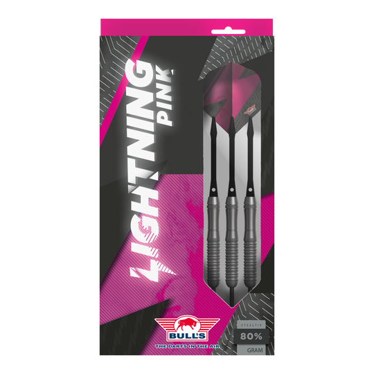 Bulls NL Lightning Pink Steeldarts Das Bild zeigt eine Verpackung der "Bulls NL Lightning Pink Steeldarts". Die Darts sind in Schwarz und Pink gestaltet und haben einen Stahlspitze.