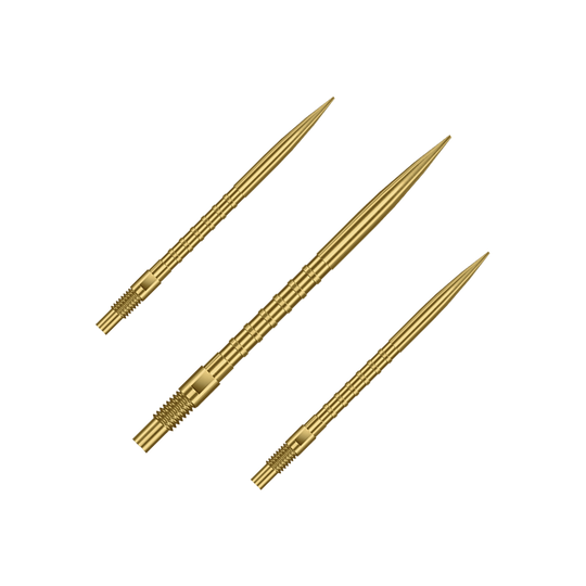 Harrows Quick Point Heavy Metal Dartspitzen - Gold Mehrere Harrows Quick Point Heavy Metal Grip Dartspitzen in Gold, 35 mm, sind als Set abgebildet. Die Spitzen liegen nebeneinander zur Präsentation.