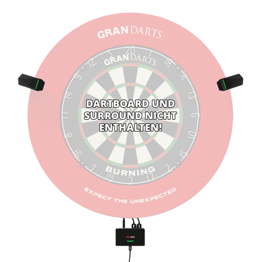 Das Bild zeigt das GranDarts GranEye Steeldart Auto-Scoring-System mit Kameras und einer Steuereinheit. In der Mitte steht der Hinweis: "Dartboard und Surround nicht enthalten!"