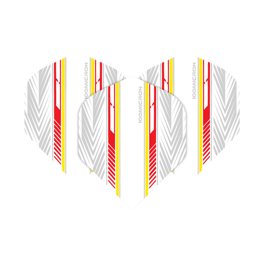 Pentathlon Flights weiß/rot/gelb Das Bild zeigt die Pentathlon White Red Yellow No2 Standard Flights in einem modernen Design. Die Flights sind weiß mit roten, gelben und grauen Streifen verziert.