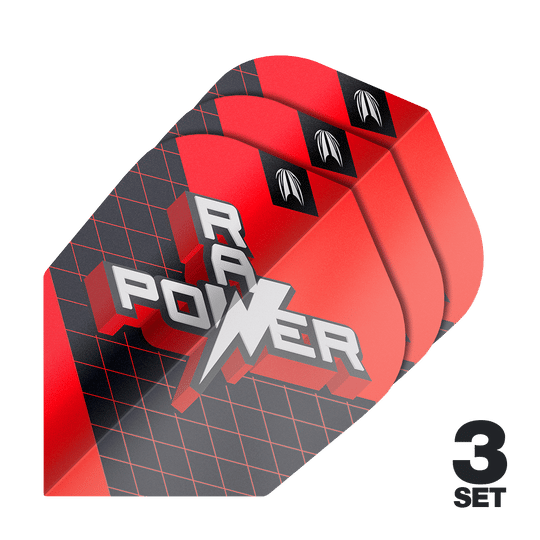 Das Bild zeigt drei Sets der Target Pro Ultra Phil Taylor Power 9Five GEN11 No6 Flights. Die Flights sind überwiegend rot und schwarz gestaltet und tragen die Aufschrift "RAY POWER".