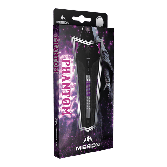 Mission Phantom Brass Softdarts - 18g Die Abbildung zeigt die Mission Phantom Brass Softdarts mit einem Gewicht von 18g. Die Verpackung ist lila-schwarz gestaltet und zeigt einen mystischen Phantom-Charakter.