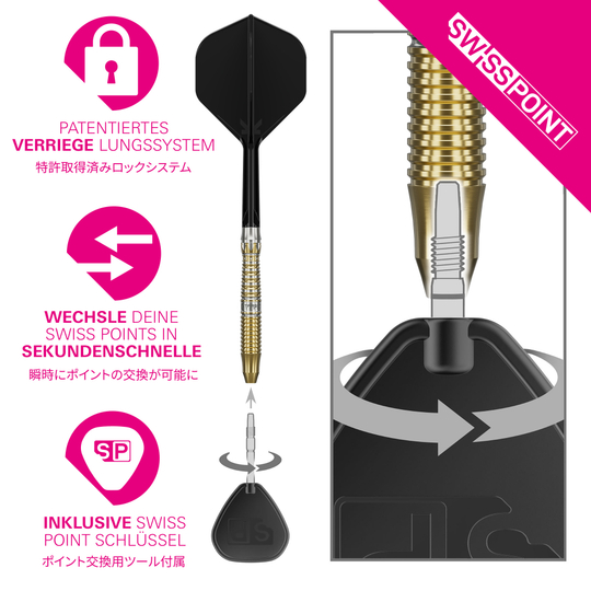 Target Japan Black Marque Enzo Swiss Point Steeldarts Auf dem Foto sieht man die Target Japan Black Marque Enzo Swiss Point Steeldarts. Die Darts zeichnen sich durch ihr elegantes Aussehen aus.