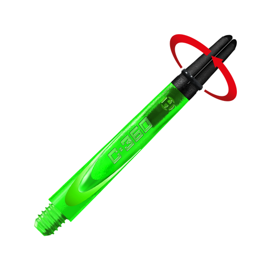 HR454_Harrows_Carbon_360_Shafts_Gr-n_49mm_2_Symbol Das Bild zeigt einen grünen Dart-Schaft mit der Aufschrift "C:360". Der Hintergrund ist in leuchtendem Grün gehalten, während das obere Ende des Schafts schwarz ist.