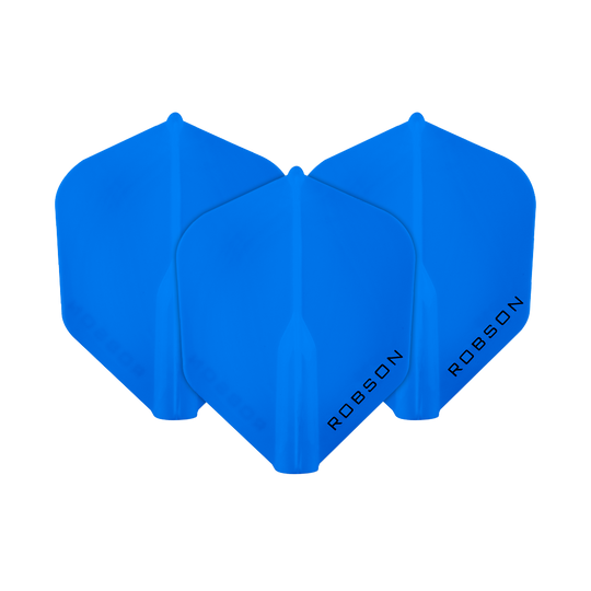 Das Bild zeigt drei blaue Dartflights der Marke Robson. Auf jedem Flight steht der Schriftzug "ROBSON" in schwarzer Schrift.