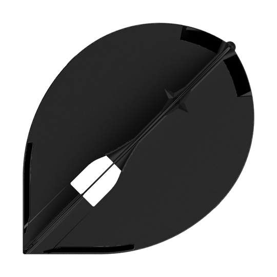 Das Bild zeigt ein schwarzes L-Style Champagne L2PRO Teardrop Flight. Es handelt sich um ein Zubehörteil für Dartpfeile in Tropfenform.