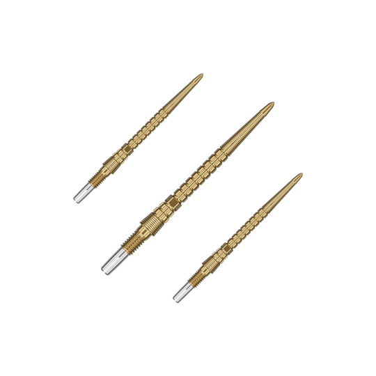 Das Set enthält mehrere goldene Dartspitzen. Sie sind gleichmäßig aufgefächert.