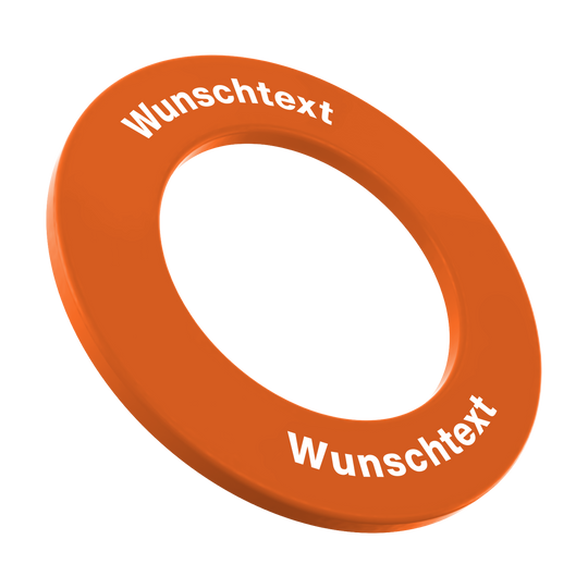 Surround mit Wunschdruck Auf dem Bild ist ein neonorangefarbener Dartboard-Surround-Ring zu sehen. Der Ring trägt zwei Mal den weißen Schriftzug „Wunschtext“.