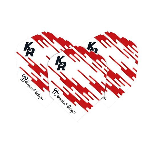 Das Bild zeigt drei Dart-Flights des Modells "Bulls X-Powerflite Krzysztof Ratajski No2 Standard Flights". Die Flights sind weiß mit roten Mustern und tragen die Initialen "KR" sowie die Unterschrift von Krzysztof Ratajski.