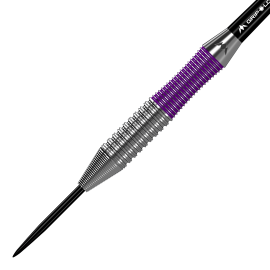 Mission Phantom Brass Steeldarts - 22g Das Bild zeigt einen Mission Phantom Brass Steeldart mit einem Gewicht von 22g. Der Dart hat eine silberne Spitze und ein Griffstück mit lila und silbernen Rillen.