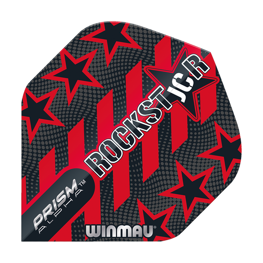 Das Bild zeigt ein Winmau Prism Alpha Joe Cullen Standard Flight für Darts. Das Design ist schwarz und rot mit Sternen und den Wörtern „ROCKST★R“ darauf.