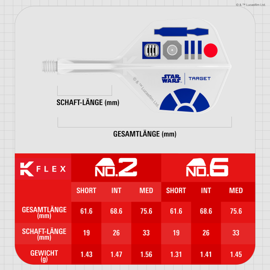 Target Star Wars K-Flex R2D2 No2 Standard Flights Zu sehen sind die Target Star Wars K-Flex R2D2 No6 Flights. Diese Flights haben ein Design, das an R2D2 erinnert und sind für Dartspieler geeignet.
