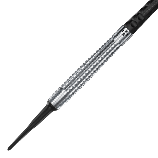 Harrows Dimplex S3 Tapered Softdarts Das Bild zeigt einen Harrows Dimplex S3 Tapered Softdart. Der Dartpfeil hat eine silberne, geriffelte Metallspitze und einen schwarzen Schaft.