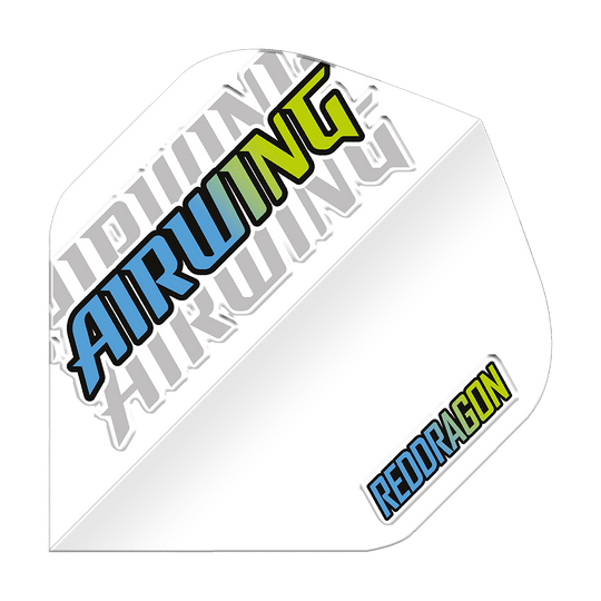 Dies ist ein Standard-Dartflight mit dem Schriftzug "AIRWING" in blau und gelb. In der Ecke steht das Logo "REDDRAGON" ebenfalls in blauer und gelber Farbe.