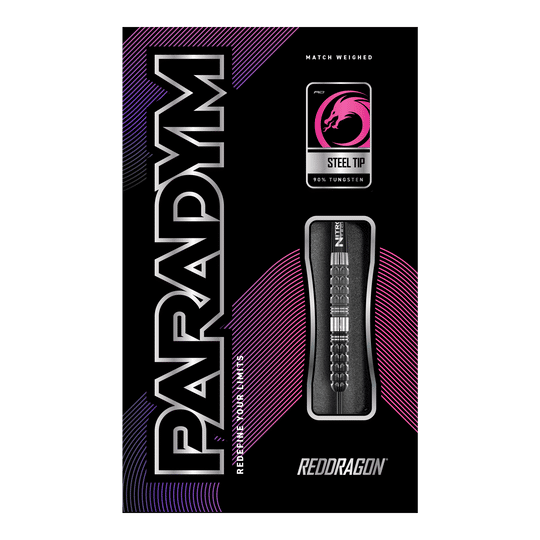 Red Dragon Paradym Tapered Steeldarts Die Abbildung zeigt die Verpackung der "Red Dragon Paradym Tapered Steeldarts". Auf der Packung sind die Begriffe "Steel Tip", "90% Tungsten" und das Red Dragon Logo zu sehen.