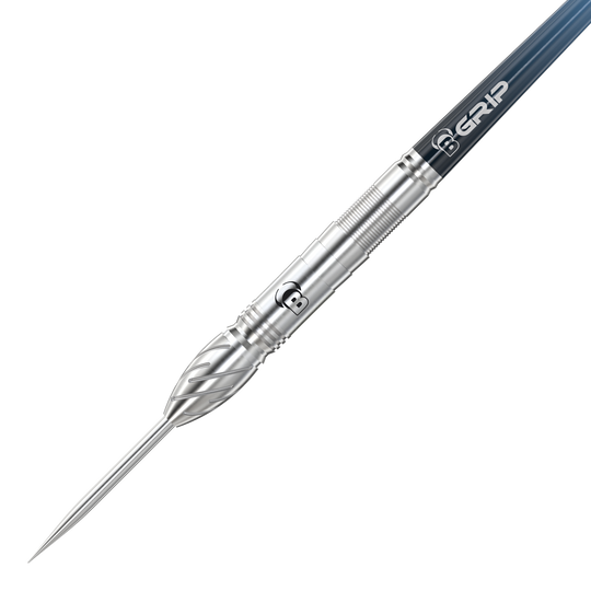 Bulls Stone S1 Steeldarts Das Bild zeigt den "Bulls Stone S1 Steeldart" in Nahaufnahme. Der Dartpfeil besteht aus silbernem Metall mit feinen Rillen für besseren Halt.