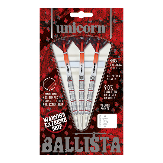Unicorn Ballista Style 4 Steeldarts Auf dem Bild ist das Produkt "Unicorn Ballista Style 4 Steeldarts" zu sehen. Die Verpackung zeigt drei Steeldarts mit auffälligem Design und betont ihre hohe Griffigkeit und den 90%igen Wolframanteil.