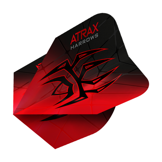 Harrows Atrax Prime No6 Flights Das Bild zeigt das Produkt "Harrows Atrax Prime No6 Flights". Die Dartflight ist rot und schwarz mit einem markanten, grafischen Muster und dem Schriftzug "ATRAX HARROWS".